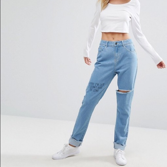 Noisy May Mom Jeans Scribble Detail Raw Hem - Picture 3 of 8